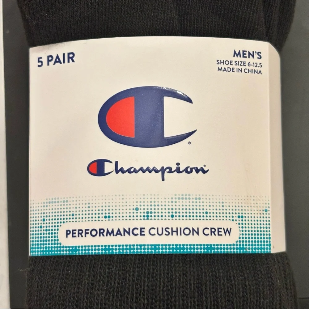 NEW CHAMPION 5 Pair Men’s Performance Cushion CREW SOCKS Black SIZE 6-12.5